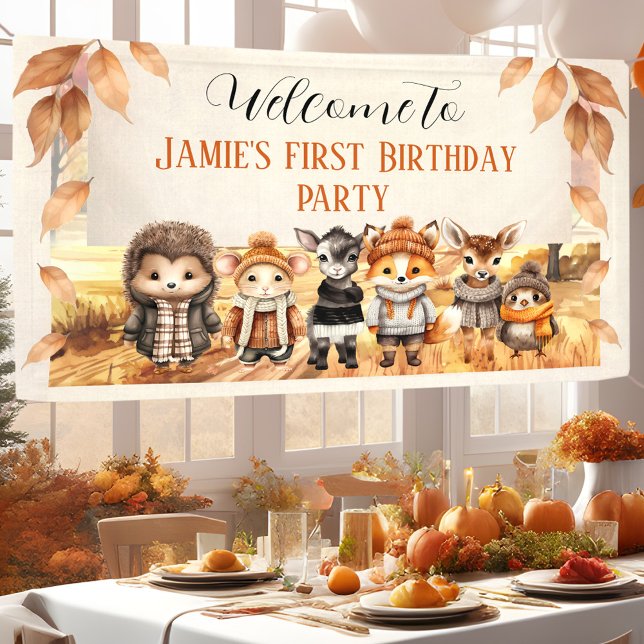 Fall Friends Cute Animals 1st Birthday Welcome Banner (Fall Friends Cute Animals 1st Birthday Welcome Banner)
