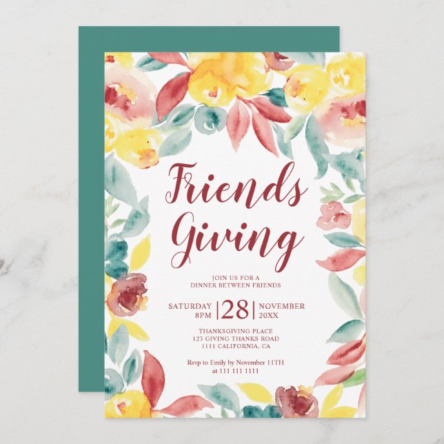 Fall friends giving floral watercolor thanksgiving invitation (Front/Back)