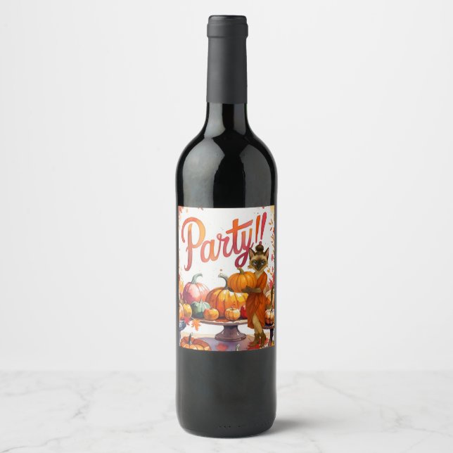 Fall Friendsgiving Party  for Cat Lovers Wine Label (Front)