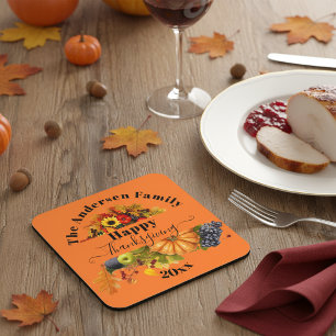 Fall Fruits Flowers And Foliage Happy Thanksgiving Square Paper Coaster