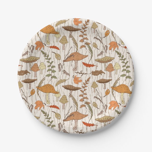 Fall Fungi and Leaves - seamless pattern. Paper Plate (Front)