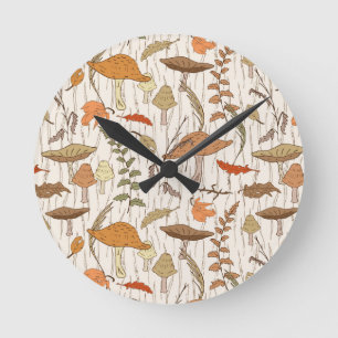 Fall Fungi and Leaves - seamless pattern. Round Clock