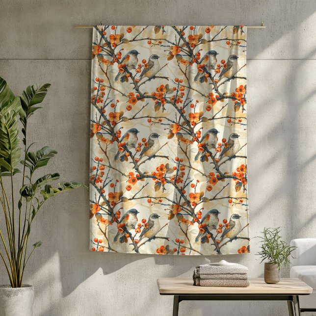 Fall Garden Birds and Blossoms Orange Brown Copper Fleece Blanket (Fall Garden Birds and Blossoms Orange Brown Copper Fleece Blanket)