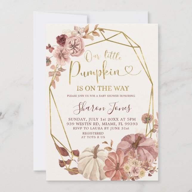 Fall Geometric Boho Floral Pumpkin Is On The Way Invitation (Front)