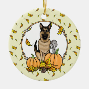 Fall German Shepherd Dog (black tan) Pumpkins Cute Ceramic Tree Decoration