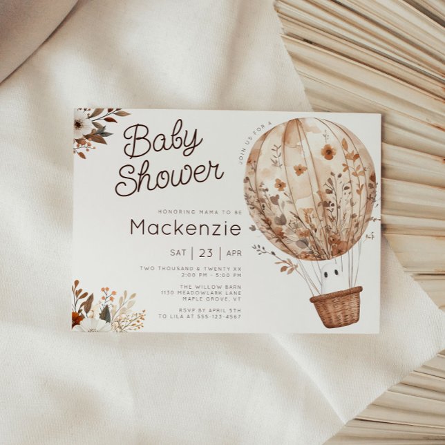 Fall Ghost Hot Air Balloon Baby Shower Invitation (Cozy in Bloom Hot Air Balloon Horizontal Baby Shower Invitation )