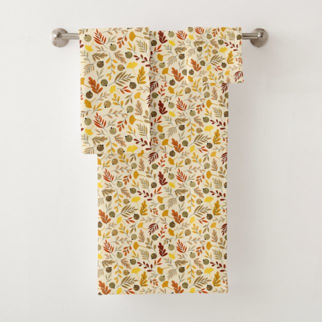 Fall Ginkgo Leaves and Olive Pattern Bath Towel Set (Insitu)