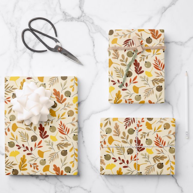 Fall Ginkgo Leaves and Olive Pattern Wrapping Paper Sheet (Front)