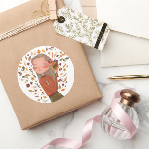 Fall Girl Autumn Flowers and Leaves Drawing  Classic Round Sticker
