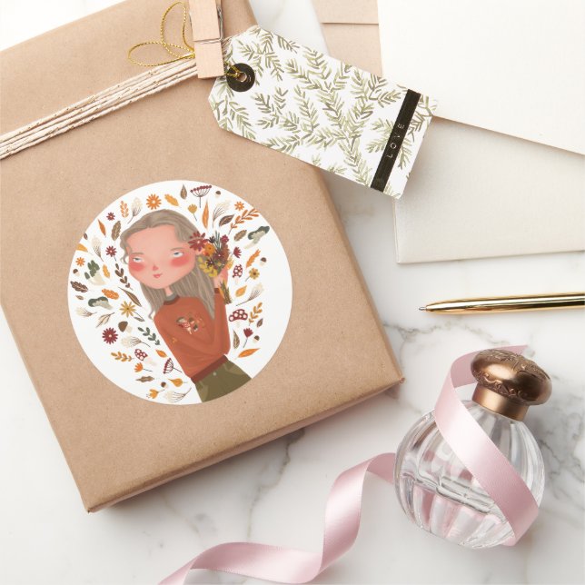 Fall Girl Autumn Flowers and Leaves Drawing  Classic Round Sticker (Gifting)