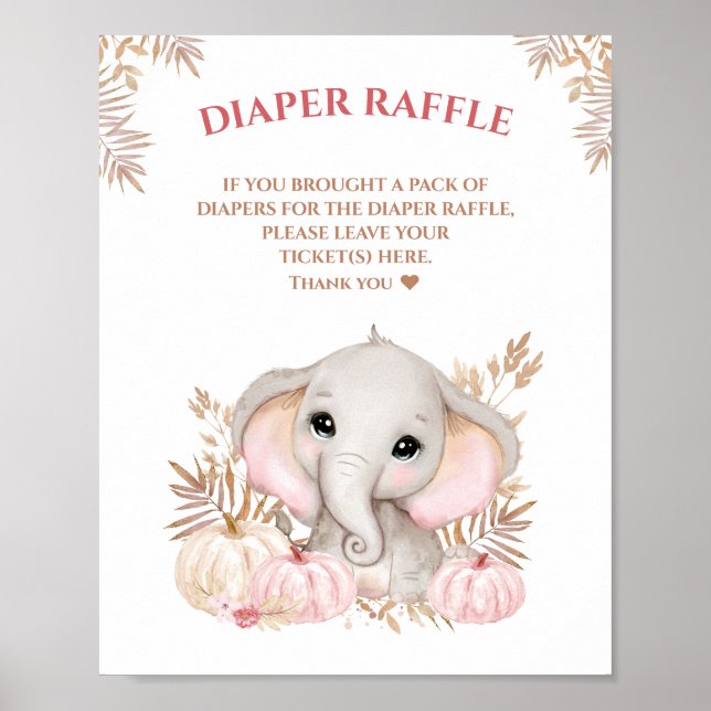 Fall Girl Elephant Baby Shower Diaper Raffle Sign (Front)