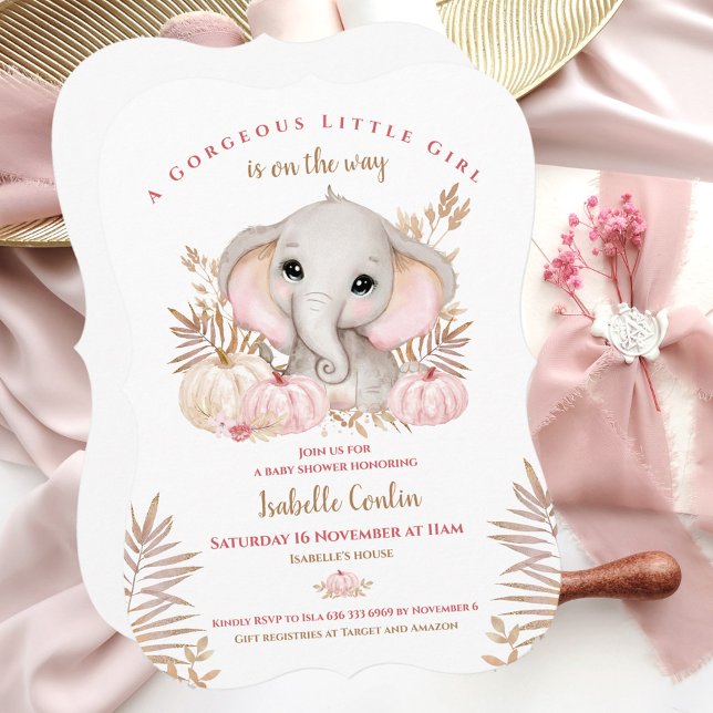 Fall Girl Elephant Baby Shower Invitation (Pink & Rose gold Fall Baby Shower Invitation With The Cutest Elephant And Pumpkins)
