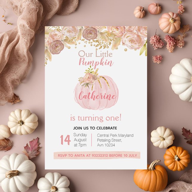 Fall Girl Gold Pumpkin 1st Birthday Invitation (Creator Uploaded)