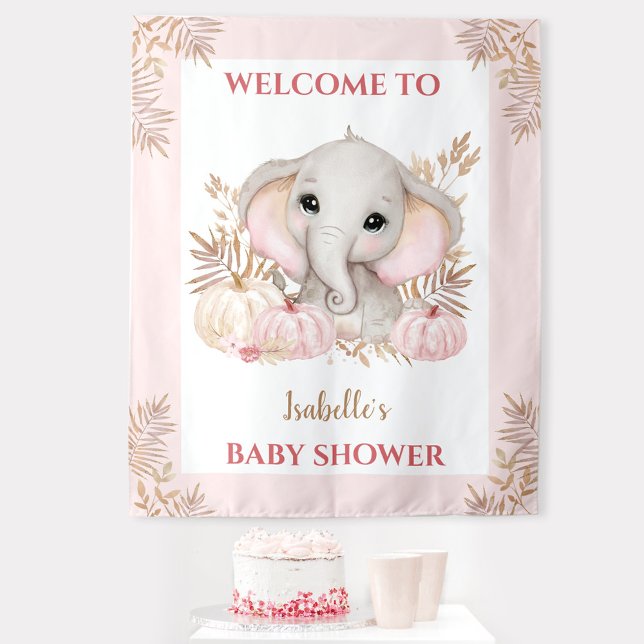 Fall Girl Pink Baby Shower Welcome Sign  Tapestry (Fall Baby Shower Welcome Sign With Cute Elephant And Pumpkins In Pink)