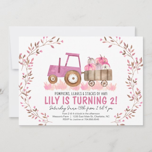 Fall Girl Tractor Birthday Invitation (Front)