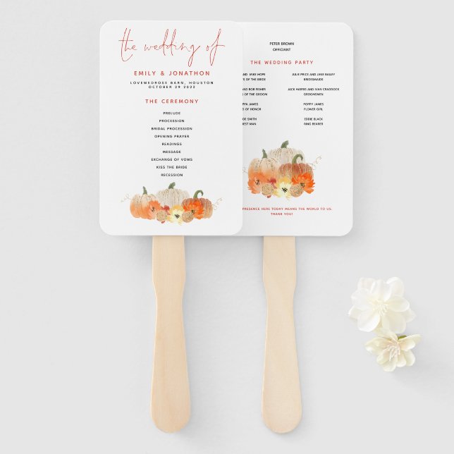 Fall Glittery Pumpkins Florals Wedding Program  Hand Fan (Front and Back)