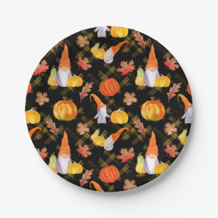 Fall Gnomes Black Background Paper Plate