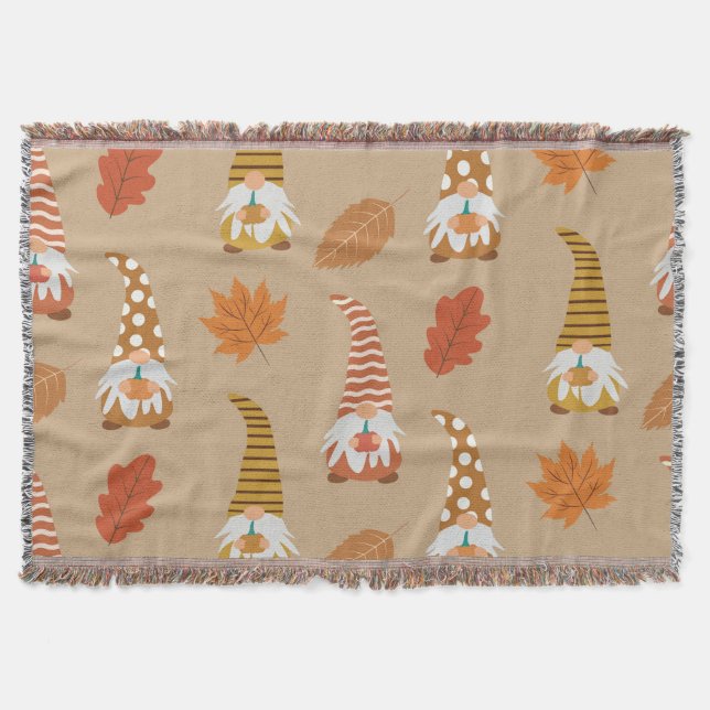 Fall Gnomes with Autumn Leaves and Pumpkins  Throw Blanket (Front)