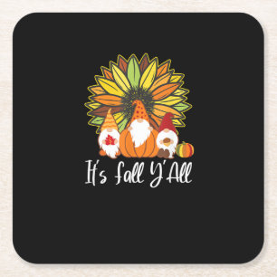 Fall Gnomes With Autumn Pumpkin It’s Fall Y’all Square Paper Coaster
