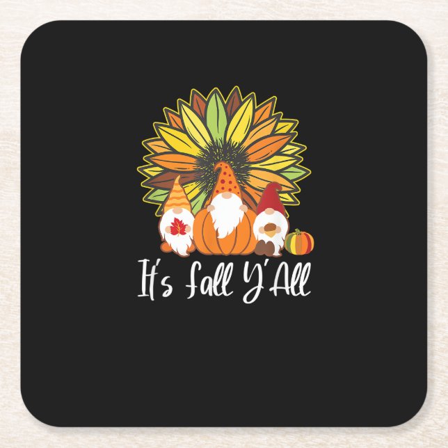 Fall Gnomes With Autumn Pumpkin It’s Fall Y’all Square Paper Coaster (Front)