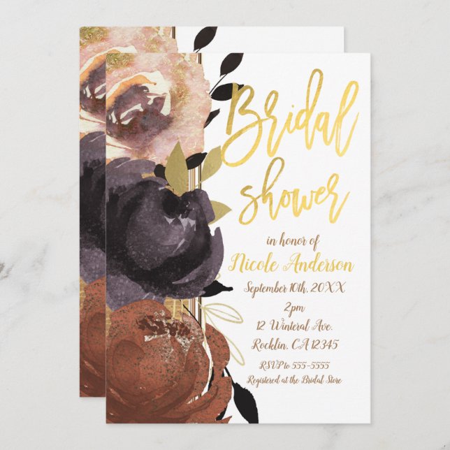 Fall Gold Bridal Shower Bold Flowers Modern Floral Invitation (Front/Back)