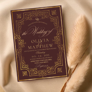 Fall Gold Burgundy Script Wedding Invitation