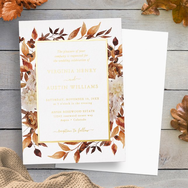 Fall Gold Elegant Wedding (Watercolor Floral Fall Leaves Gold Elegant Wedding Foil Invitation by Painted Paperie
)