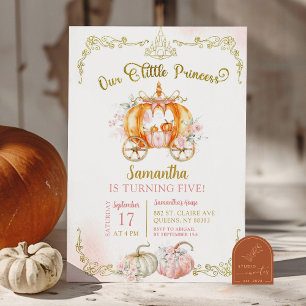 Fall Gold Pink Princess Pumpkin Carriage Birthday Invitation