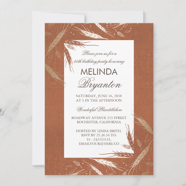 Fall Gold Wheat Orange Rustic Birthday Party Invitation (Front)