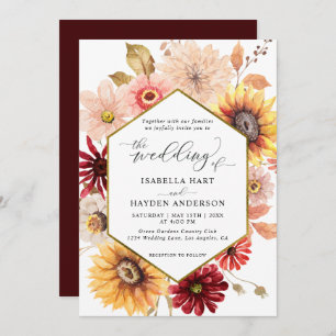 Fall Gold  Wildflowers Burgundy Colorful Wedding Invitation