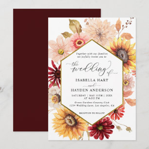 Fall Gold Wildflowers Burgundy Colourful Wedding Invitation