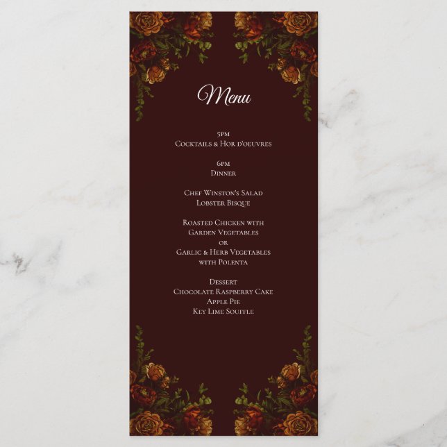 Fall Gothic Wedding Rustic Maroon Menu (Front)