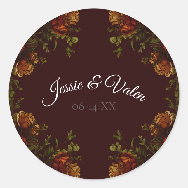 Fall Gothic Wedding Rustic Orange Maroon Classic Round Sticker (Front)