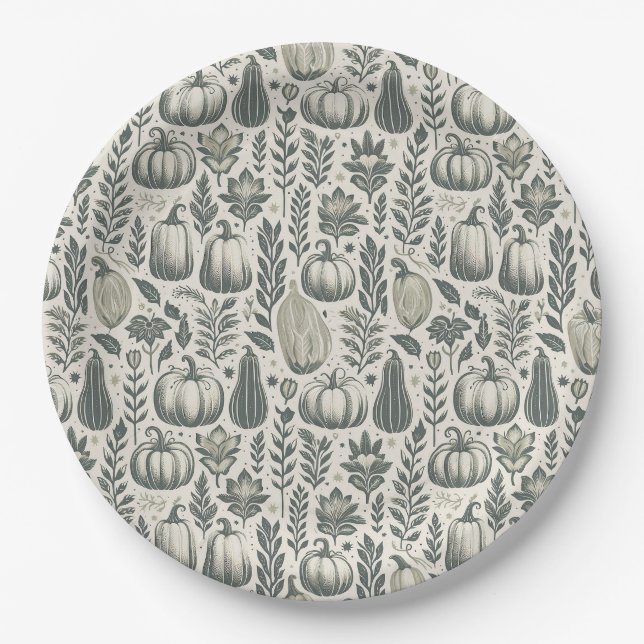 Fall Gourds Block Print in Green Paper Plate (Front)