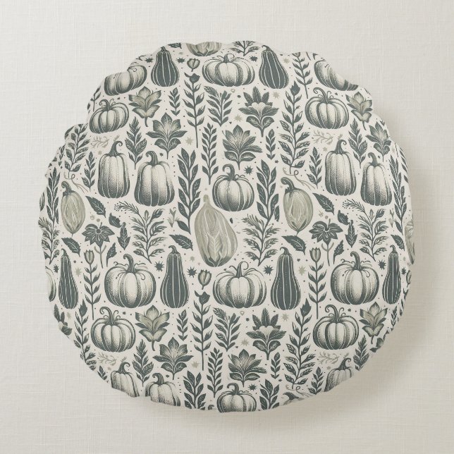Fall Gourds Block Print in Green Round Cushion (Front)