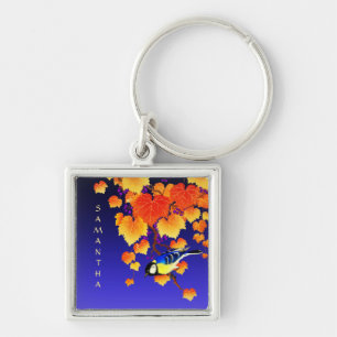 Fall Grape Vine Great Tit Bird Orange Leaves Blue Key Ring