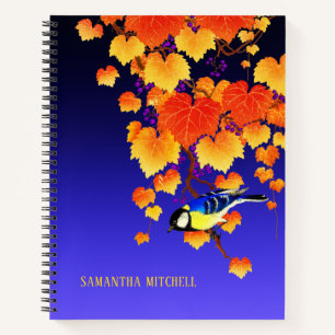 Fall Grape Vine Great Tit Bird Orange Leaves Blue Notebook