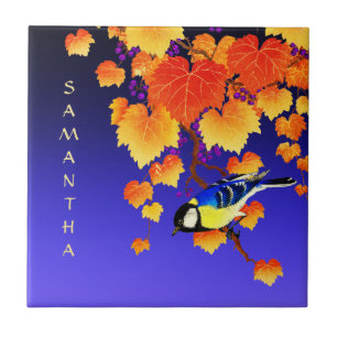 Fall Grape Vine Orange Gold Leaves Great Tit Bird Tile