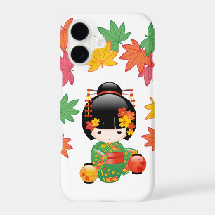 Fall Green Kimono Kokeshi Doll Maple Leaves