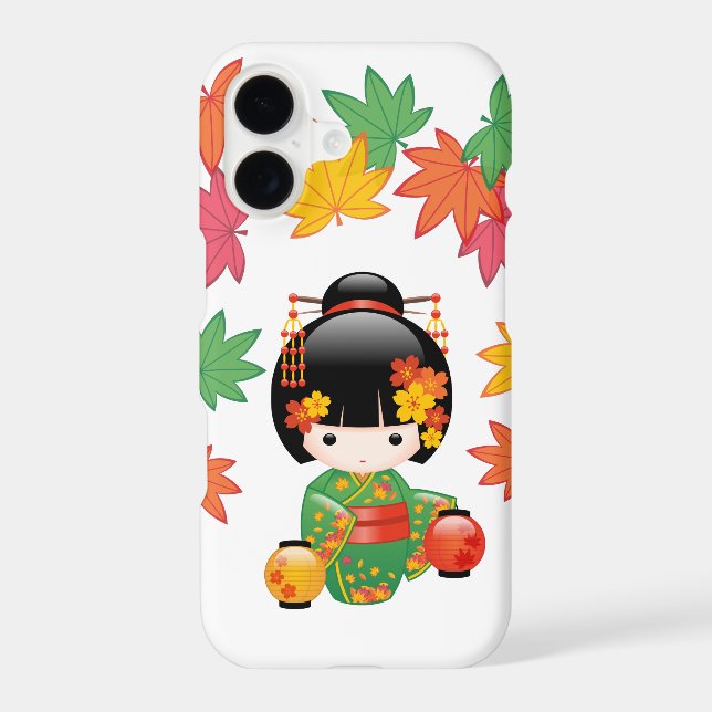 Fall Green Kimono Kokeshi Doll Maple Leaves (Back)
