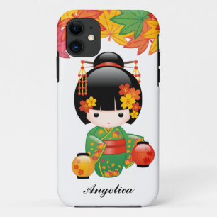 Fall Green Kimono Kokeshi Doll Maple Leaves Case-Mate iPhone Case