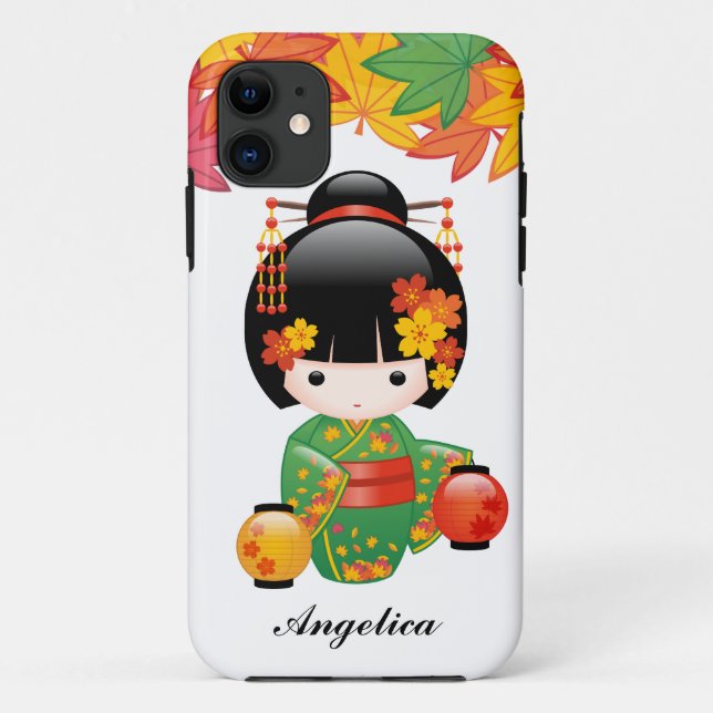 Fall Green Kimono Kokeshi Doll Maple Leaves Case-Mate iPhone Case (Back)