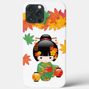 Fall Green Kimono Kokeshi Doll Maple Leaves iPhone 13 Pro Max Case