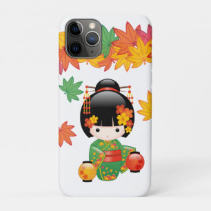 Fall Green Kimono Kokeshi Doll Maple Leaves Case-Mate iPhone Case