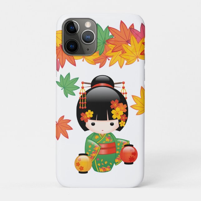 Fall Green Kimono Kokeshi Doll Maple Leaves Case-Mate iPhone Case (Back)