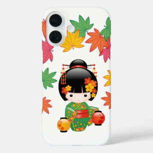 Fall Green Kimono Kokeshi Doll Maple Leaves iPhone 16 Case