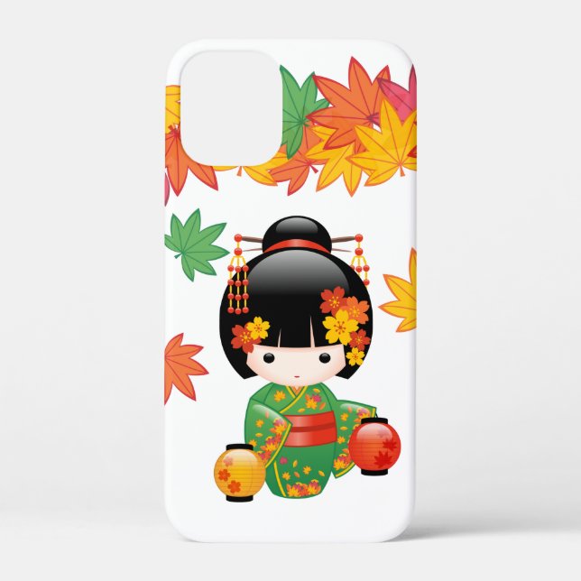 Fall Green Kimono Kokeshi Doll Maple Leaves Case-Mate iPhone Case (Back)