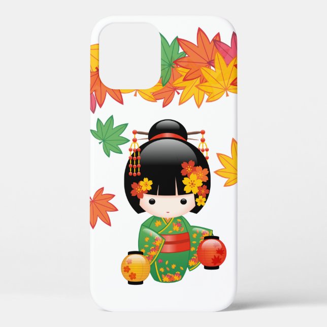 Fall Green Kimono Kokeshi Doll Maple Leaves Case-Mate iPhone Case (Back)