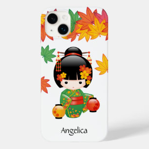 Fall Green Kimono Kokeshi Doll Maple Leaves Case-Mate iPhone 14 Plus Case
