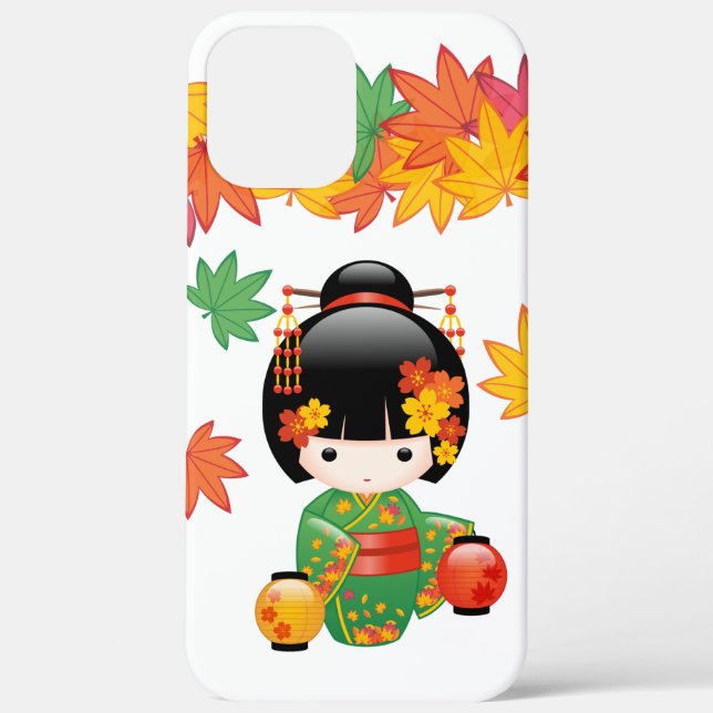 Fall Green Kimono Kokeshi Doll Maple Leaves Case-Mate iPhone Case (Back)